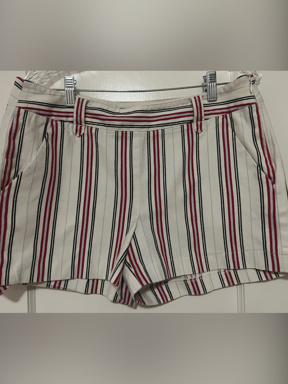 LOFT Cream High-Waist Striped Shorts with Red & Black Lines